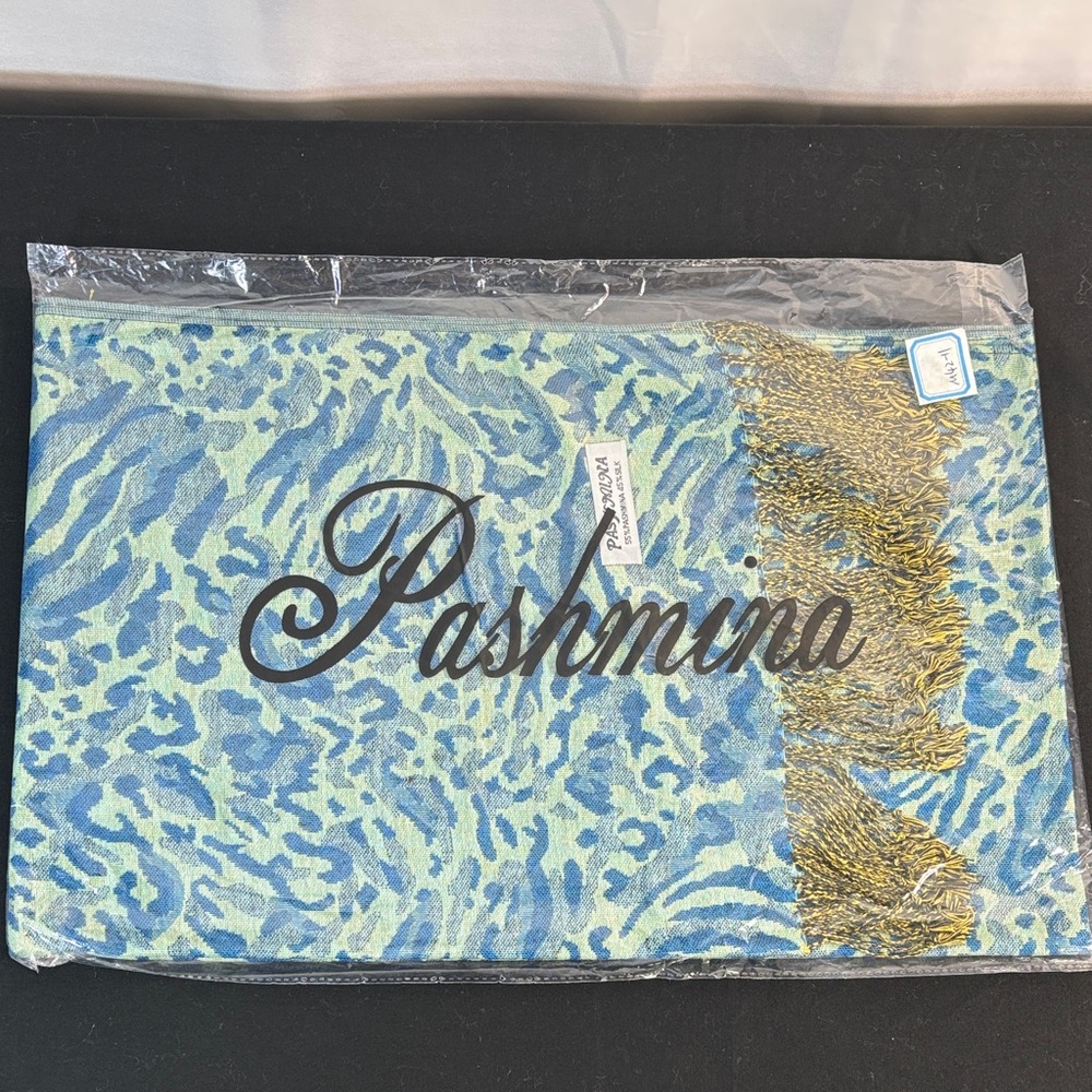 pashmina Blue and Light Green Animal Print Scarf with Gold Fringe